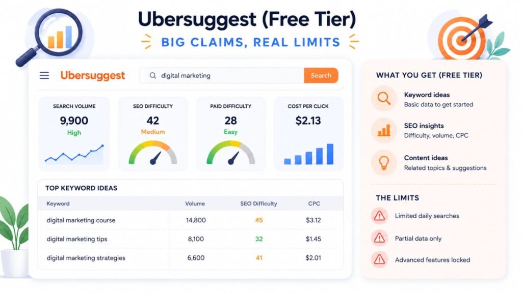 Ubersuggest free keyword research tool dashboard highlighting search volume, SEO difficulty, CPC, keyword ideas, content suggestions, and limitations of the free plan
